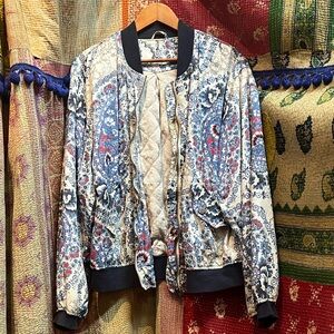 Free People Blue and Cream Bomber Jacket